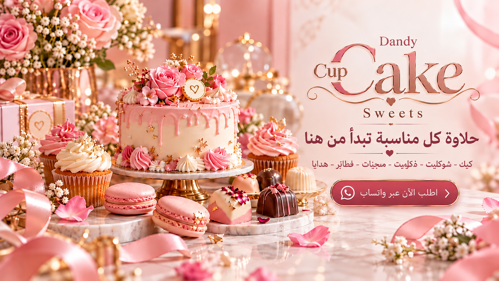 Dandy Cup Cake Sweets luxury pastel pink cake, cupcakes, macarons and chocolate bakery banner